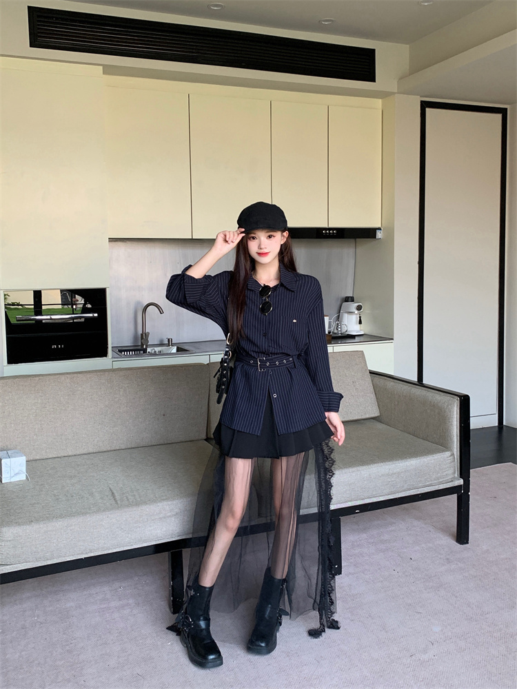 womens-striped-belt-shirt-and-skirt-set-cotton-woven-modern-fall-fashion Women's Striped Belt Shirt and Skirt Set Cotton Woven Modern Fall Fashion
