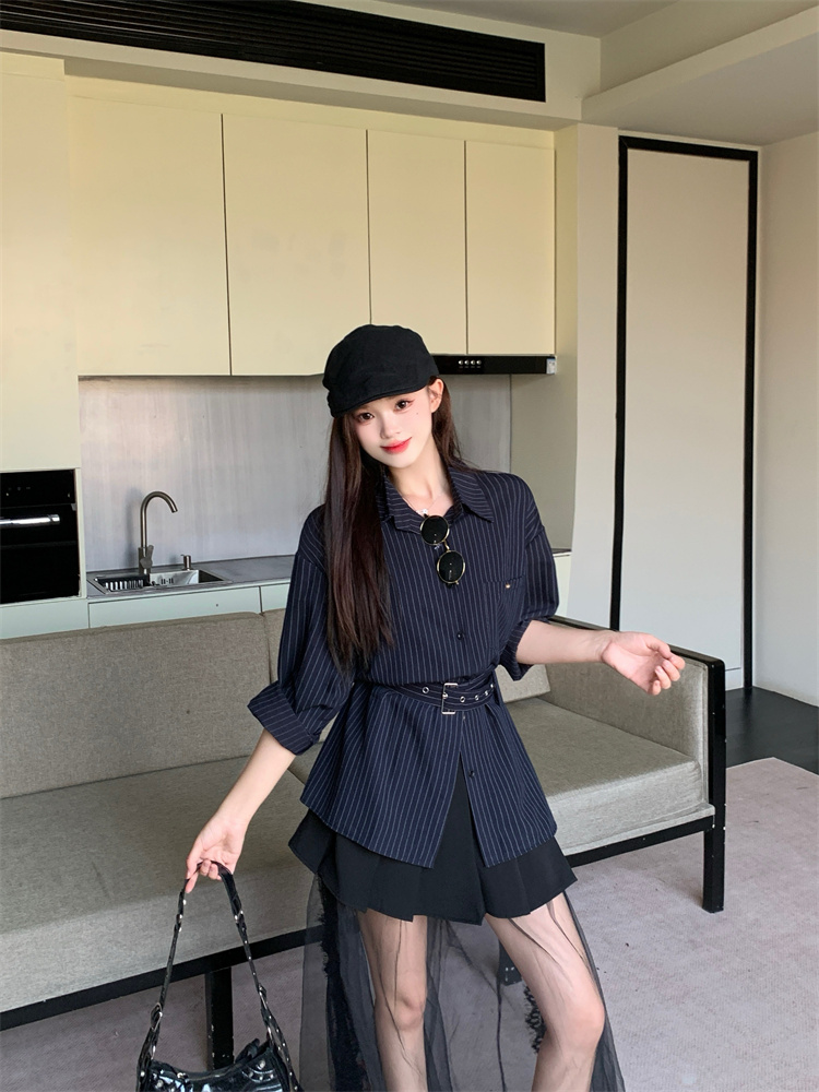 womens-striped-belt-shirt-and-skirt-set-cotton-woven-modern-fall-fashion_1 Women's Striped Belt Shirt and Skirt Set Cotton Woven Modern Fall Fashion