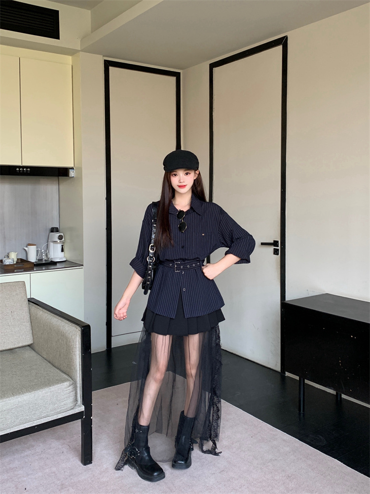 womens-striped-belt-shirt-and-skirt-set-cotton-woven-modern-fall-fashion_3 Women's Striped Belt Shirt and Skirt Set Cotton Woven Modern Fall Fashion