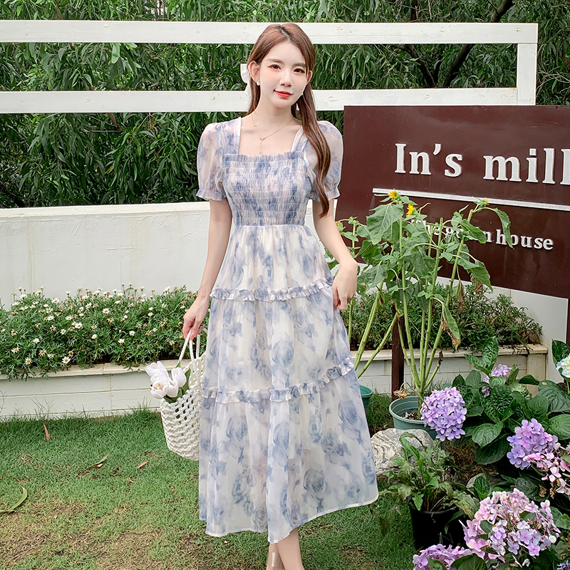 Women's Summer Floral Chiffon Long Dress French Sweet Princess Style