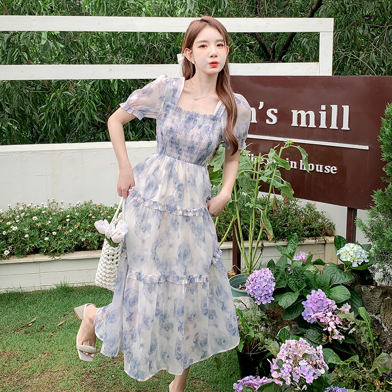 Women's Summer Floral Chiffon Long Dress French Sweet Princess Style