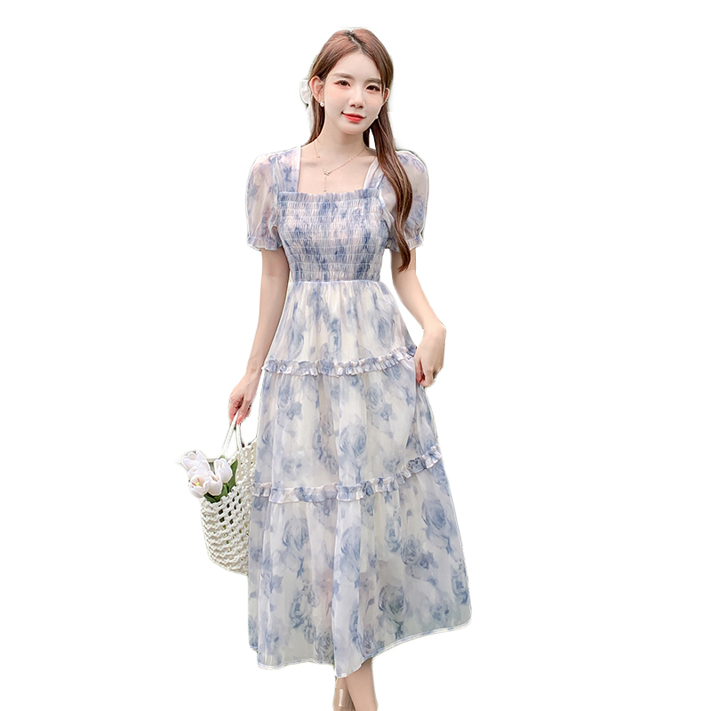 Women's Summer Floral Chiffon Long Dress French Sweet Princess Style