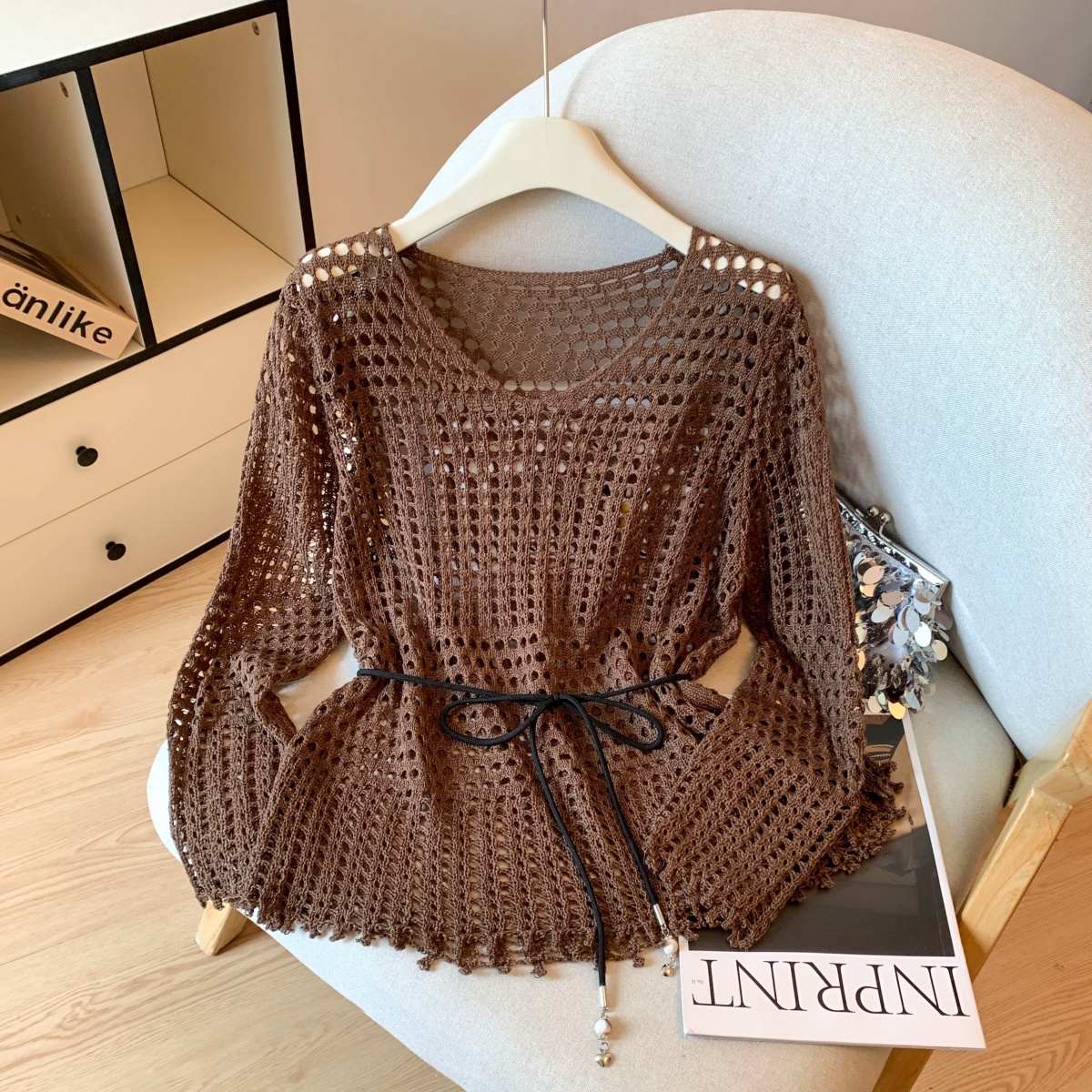 Women's V-Neck Hollow Out Knit Sweater with Belt Loose Sun Protection Top