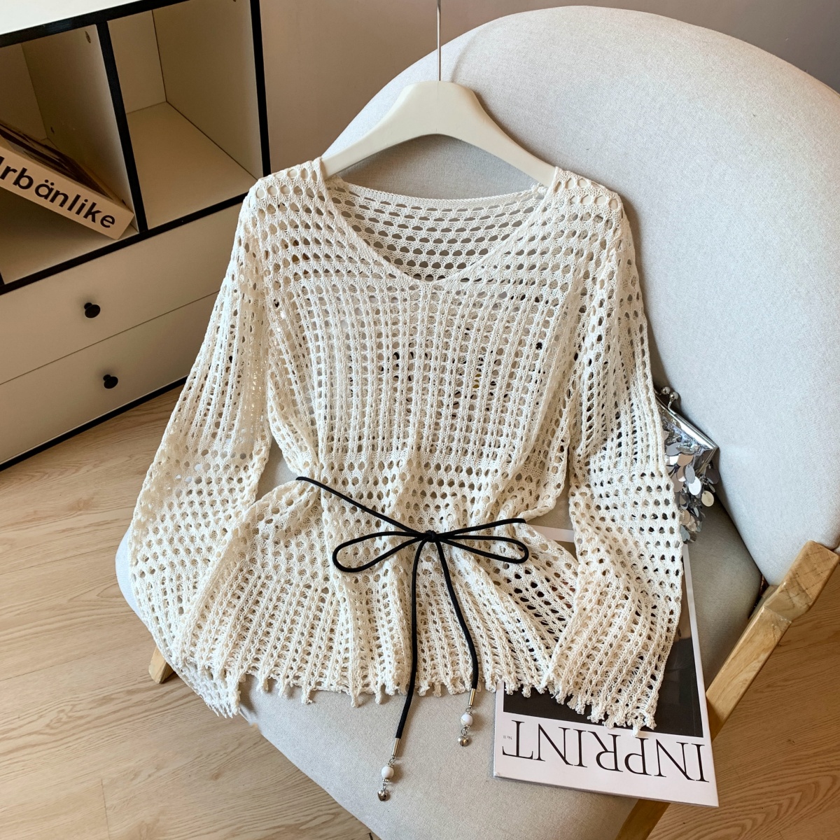 womens-v-neck-hollow-out-knit-sweater-with-belt-loose-sun-protection-top_1 Women's V-Neck Hollow Out Knit Sweater with Belt Loose Sun Protection Top