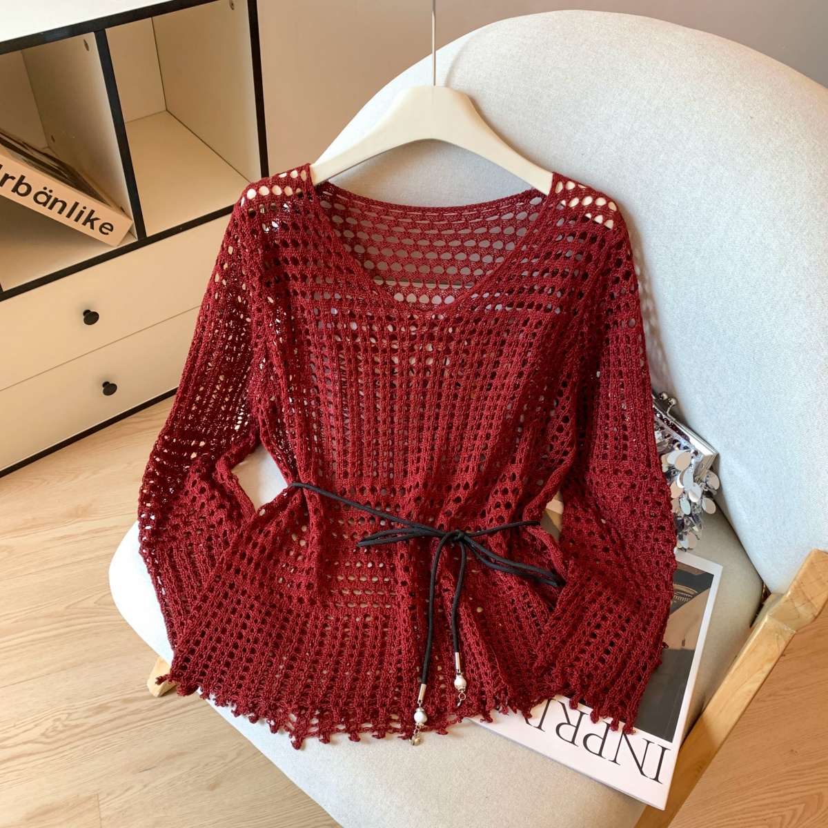 womens-v-neck-hollow-out-knit-sweater-with-belt-loose-sun-protection-top_2 Women's V-Neck Hollow Out Knit Sweater with Belt Loose Sun Protection Top