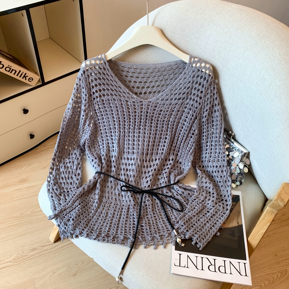 womens-v-neck-hollow-out-knit-sweater-with-belt-loose-sun-protection-top_3 Women's V-Neck Hollow Out Knit Sweater with Belt Loose Sun Protection Top