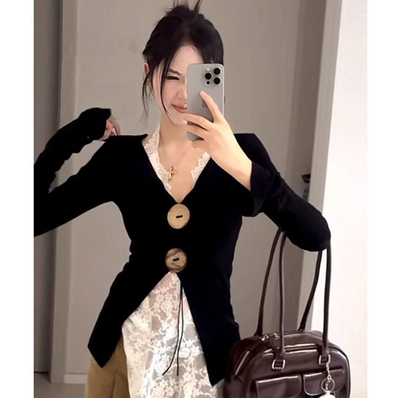 Women's V-Neck Long Sleeve Slim Fit Split Top