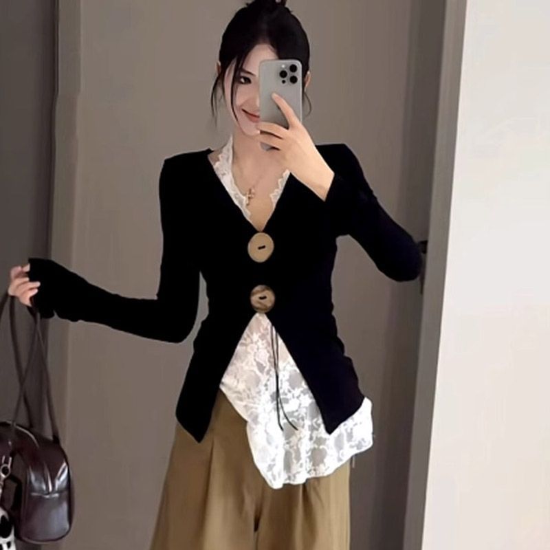 Women's V-Neck Long Sleeve Slim Fit Split Top