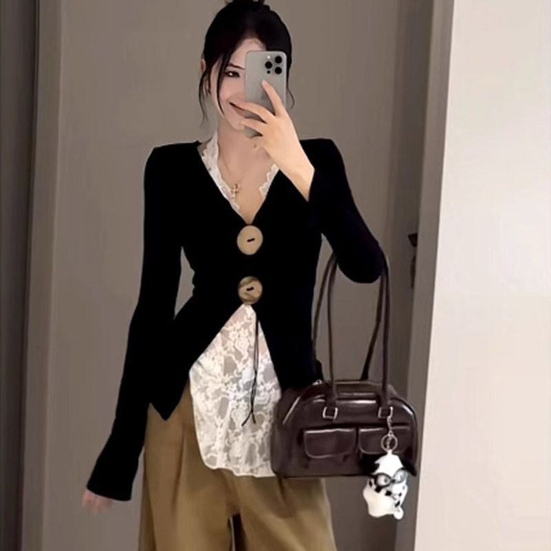 Women's V-Neck Long Sleeve Slim Fit Split Top
